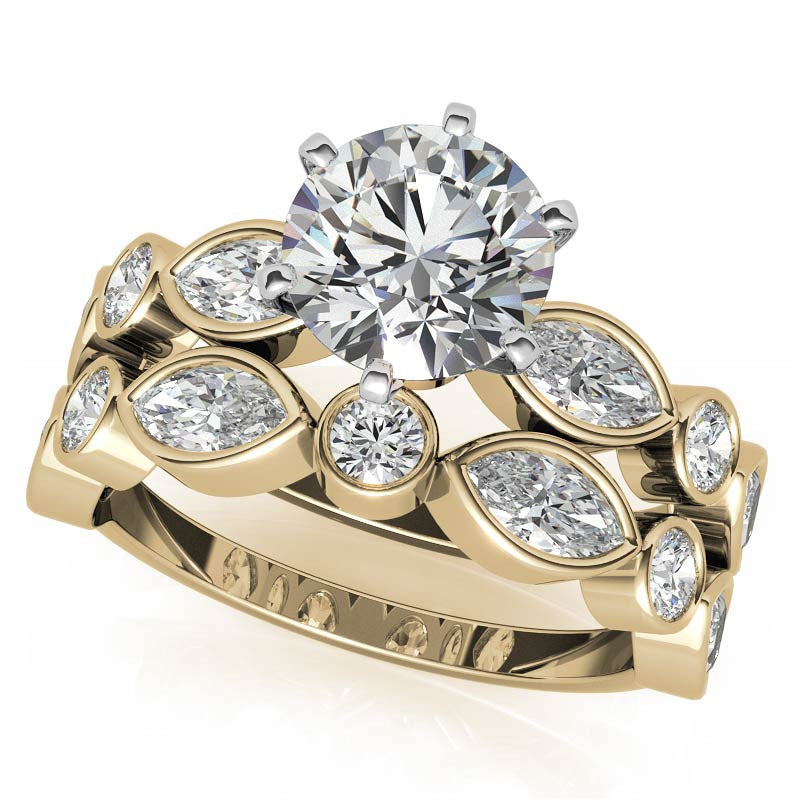 Round and Marquise Bezel Moissanite Engagement Ring