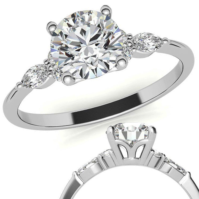 Petite Round and Marquise Moissanite Engagement Ring