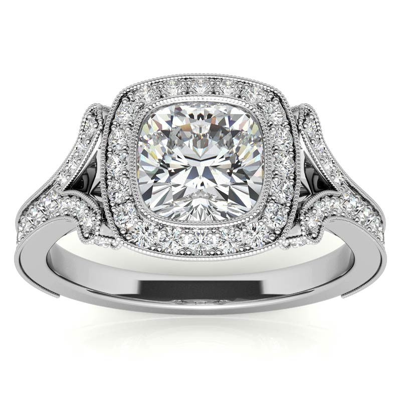 Cushion Bezel Split Shank Cathedral Moissanite Engagement Ring