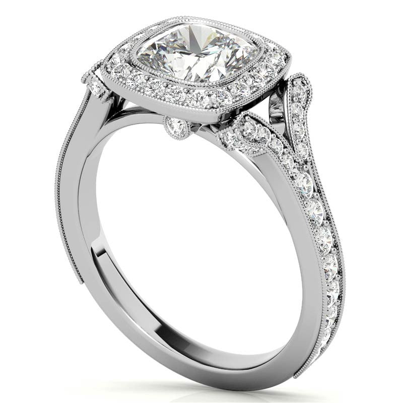 Cushion Bezel Split Shank Cathedral Moissanite Engagement Ring