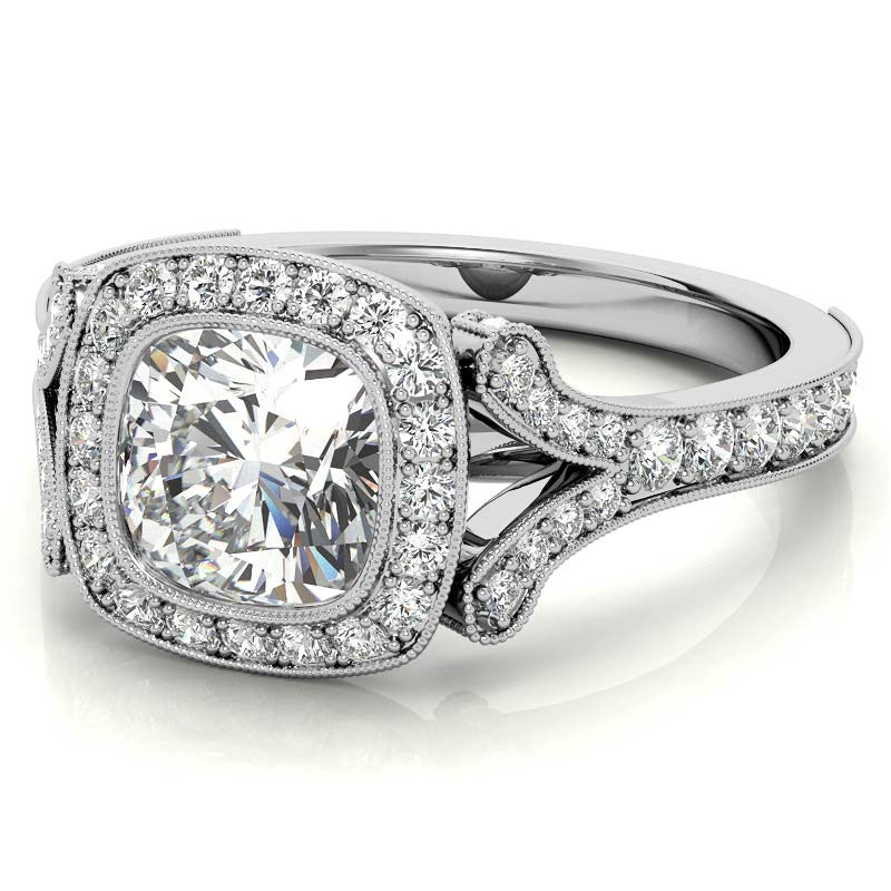 Cushion Bezel Split Shank Cathedral Moissanite Engagement Ring