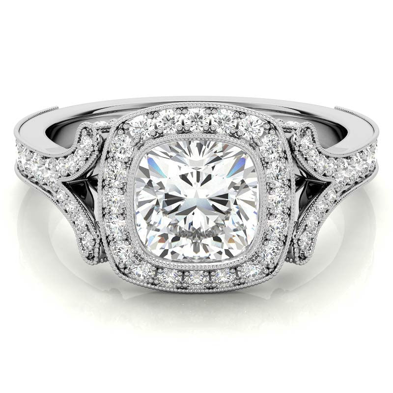 Cushion Bezel Split Shank Cathedral Moissanite Engagement Ring