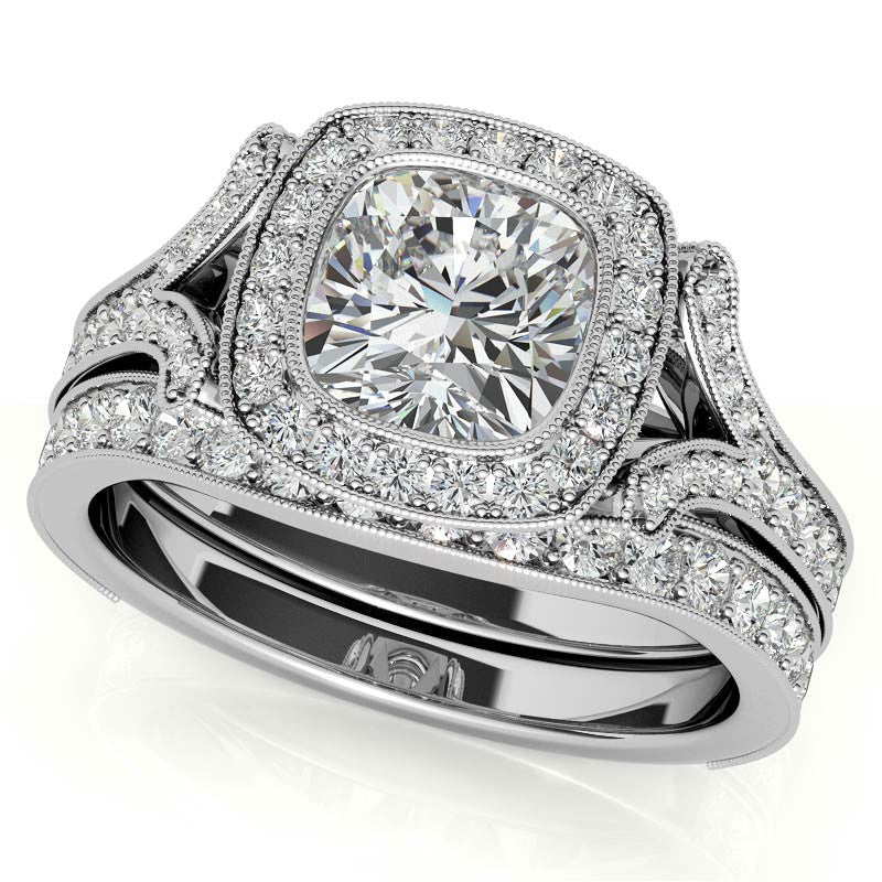 Cushion Bezel Split Shank Cathedral Moissanite Engagement Ring