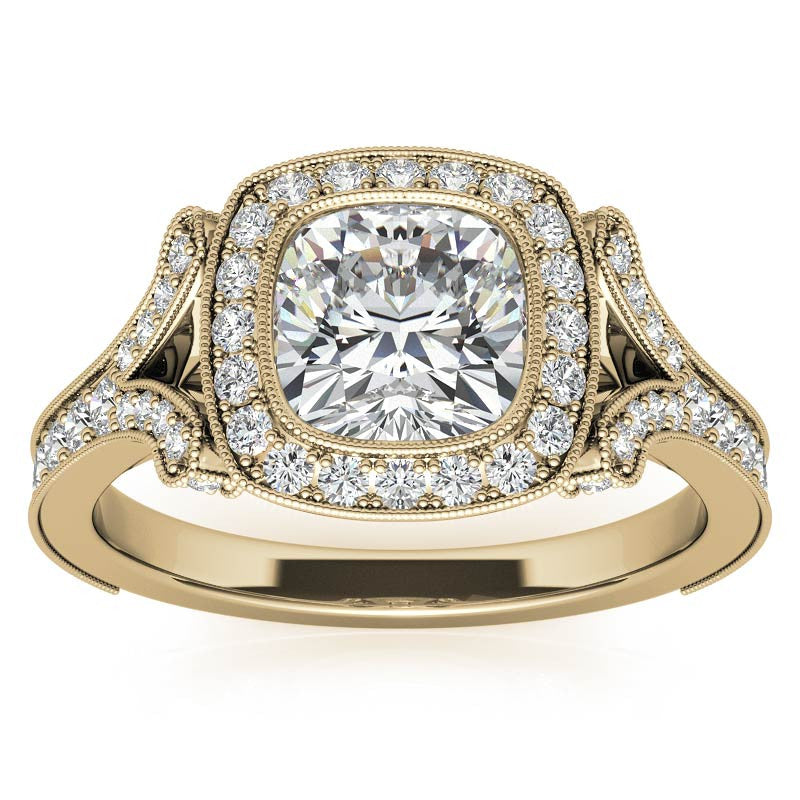 Cushion Bezel Split Shank Cathedral Moissanite Engagement Ring