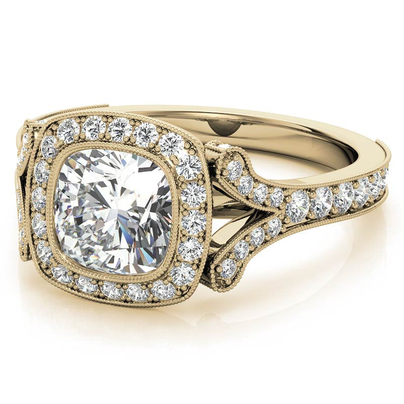 Cushion Bezel Split Shank Cathedral Moissanite Engagement Ring