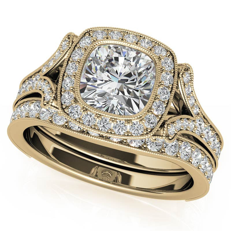 Cushion Bezel Split Shank Cathedral Moissanite Engagement Ring