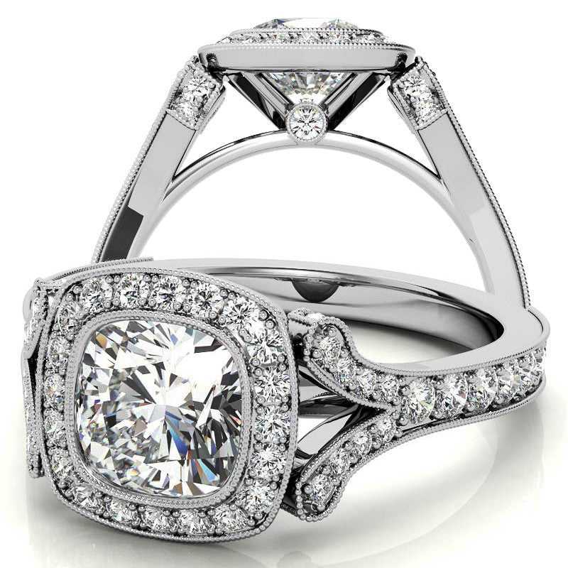 Cushion Bezel Split Shank Cathedral Moissanite Engagement Ring
