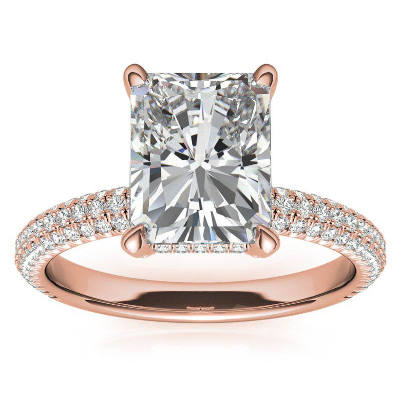 Emerald / Radiant Pave Moissanite Engagement Ring with Hidden Halo