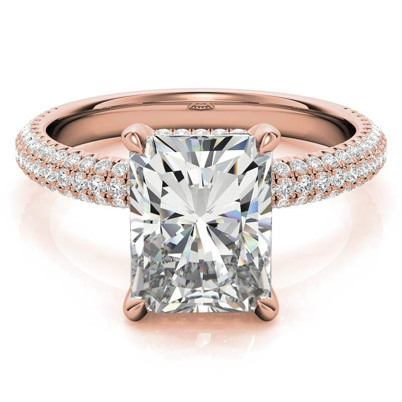 Emerald / Radiant Pave Moissanite Engagement Ring with Hidden Halo
