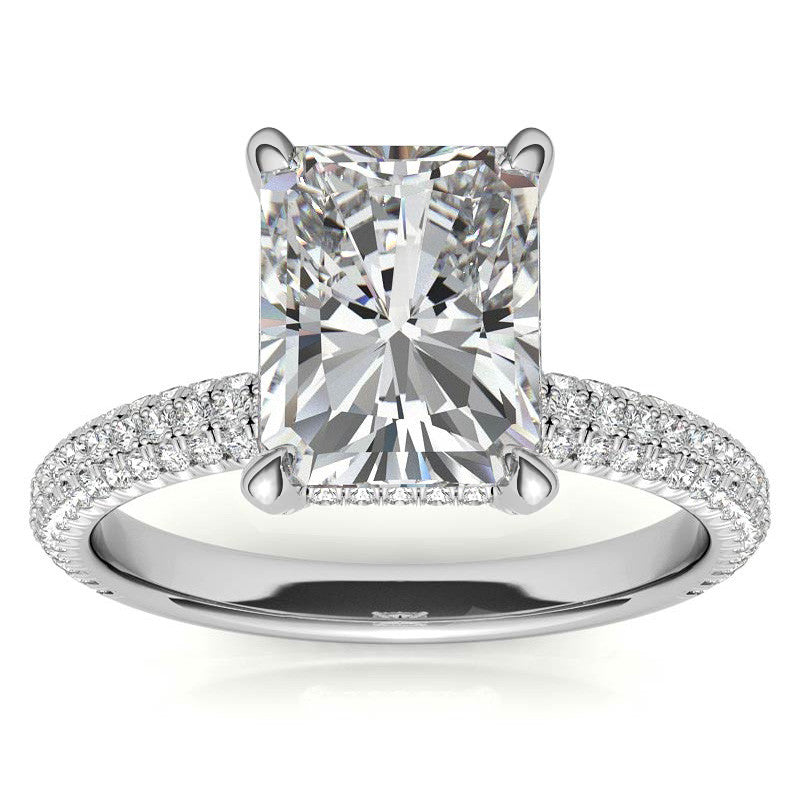 Emerald / Radiant Pave Moissanite Engagement Ring with Hidden Halo