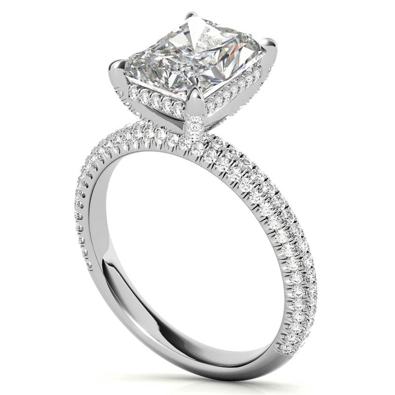 Emerald / Radiant Pave Moissanite Engagement Ring with Hidden Halo