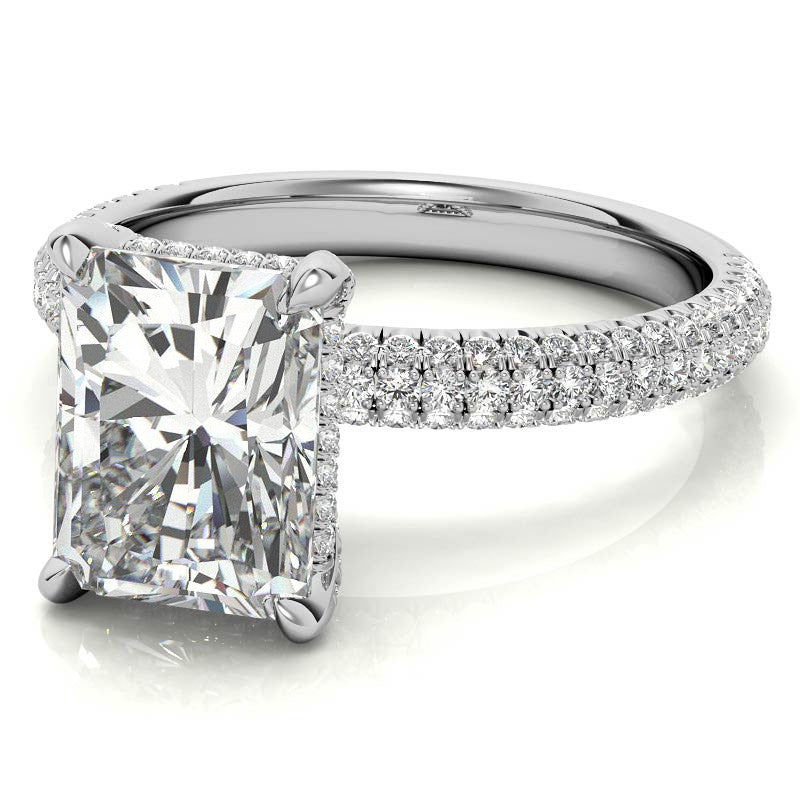 Emerald / Radiant Pave Moissanite Engagement Ring with Hidden Halo