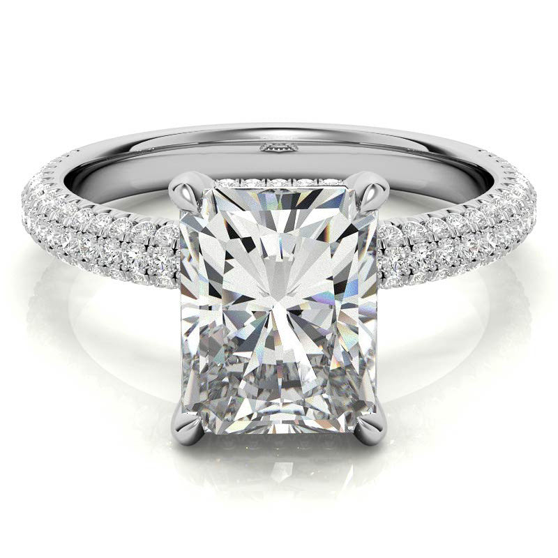 Emerald / Radiant Pave Moissanite Engagement Ring with Hidden Halo