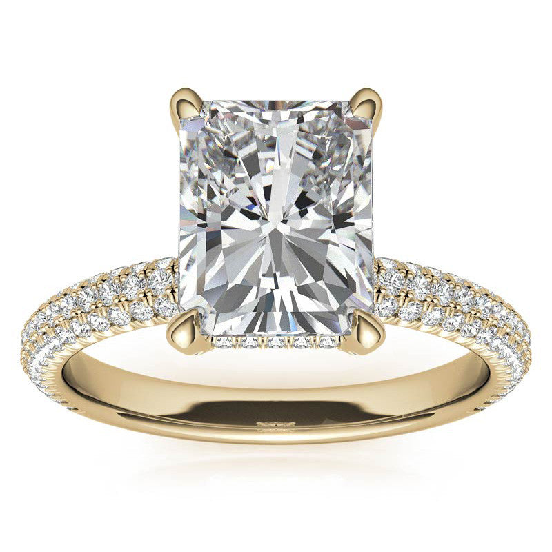 Emerald / Radiant Pave Moissanite Engagement Ring with Hidden Halo