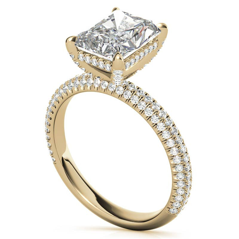 Emerald / Radiant Pave Moissanite Engagement Ring with Hidden Halo