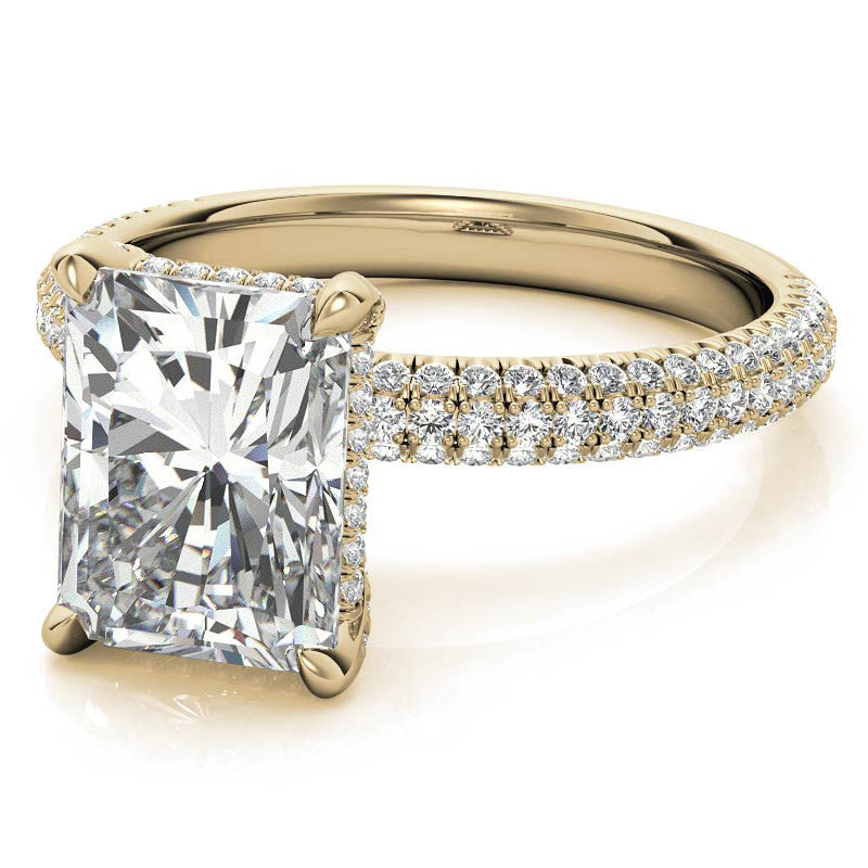 Emerald / Radiant Pave Moissanite Engagement Ring with Hidden Halo