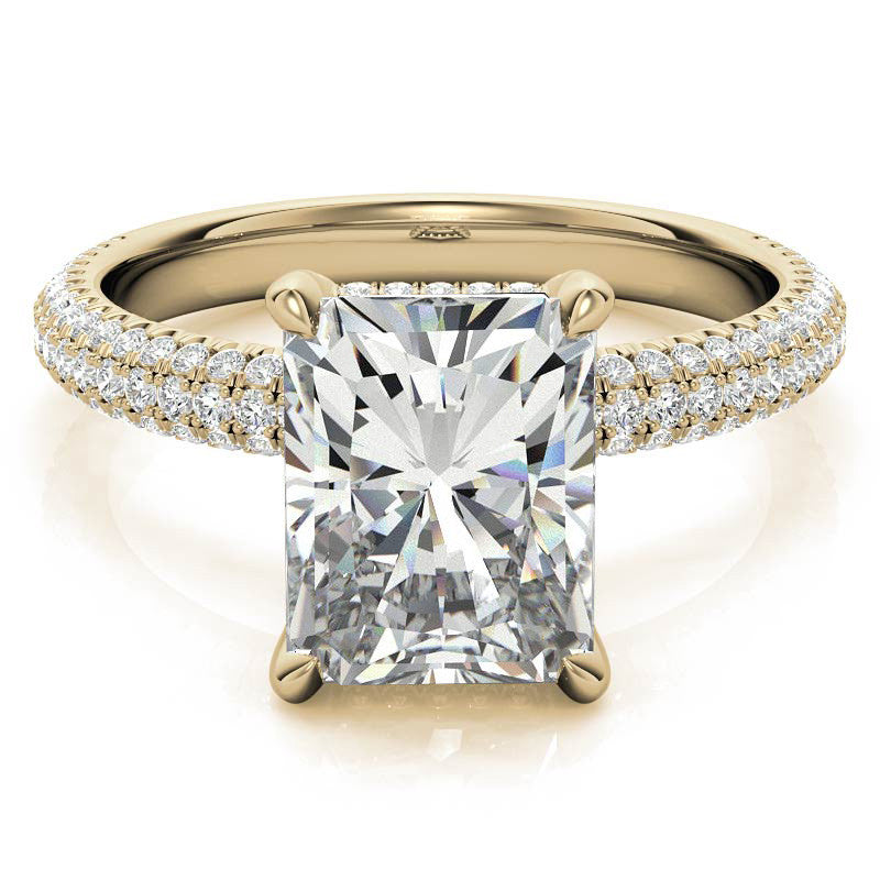 Emerald / Radiant Pave Moissanite Engagement Ring with Hidden Halo