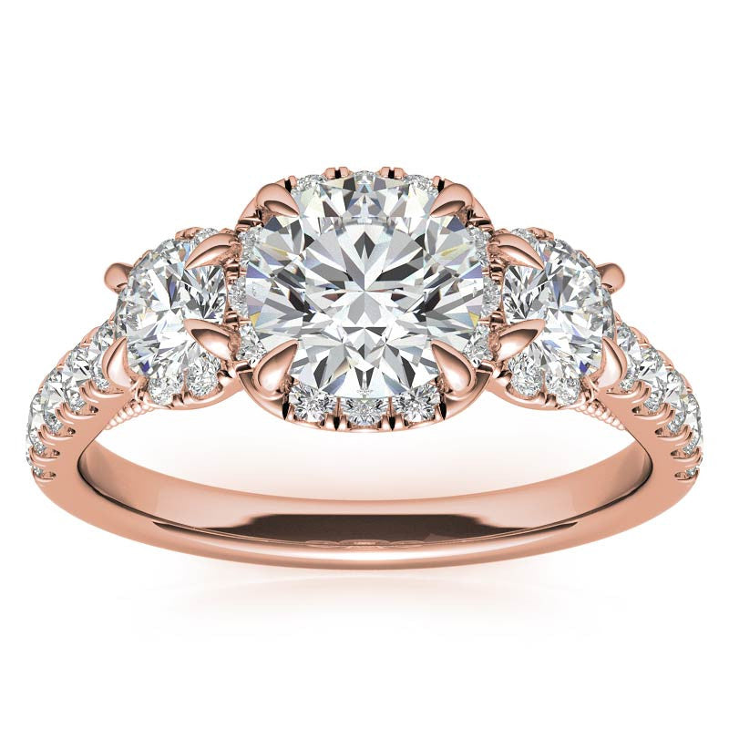 Round 3-Stone Halo Moissanite Engagement Ring with Milgrain