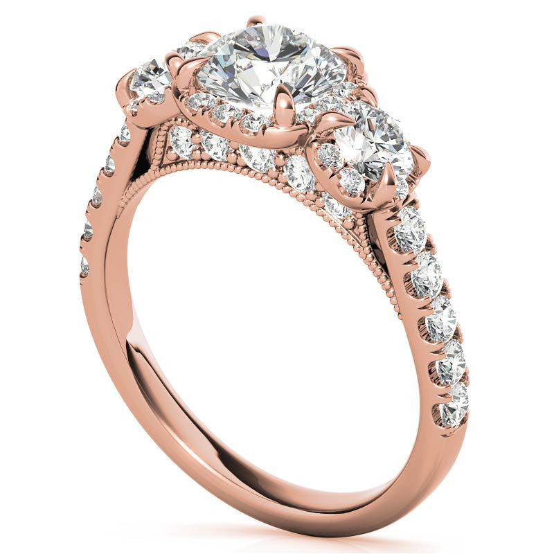 Round 3-Stone Halo Moissanite Engagement Ring with Milgrain