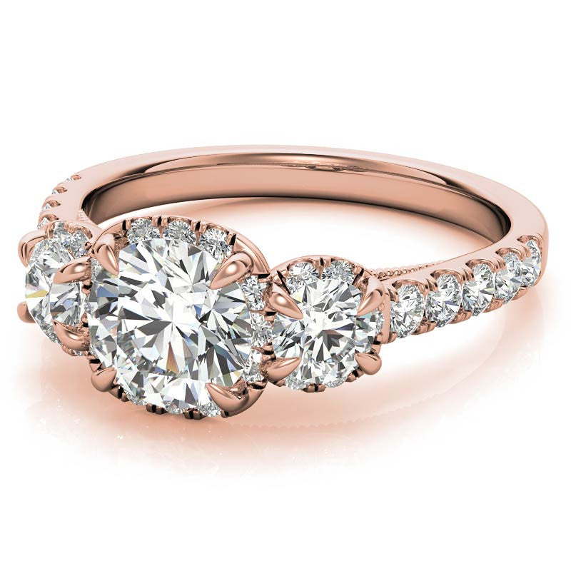 Round 3-Stone Halo Moissanite Engagement Ring with Milgrain