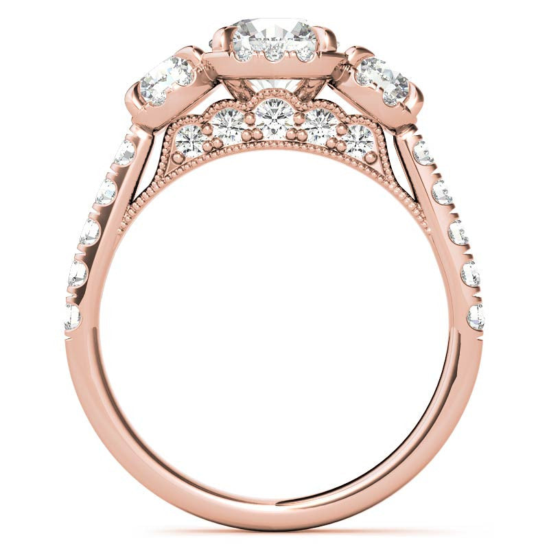 Round 3-Stone Halo Moissanite Engagement Ring with Milgrain