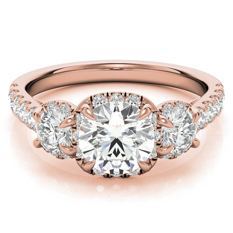 Round 3-Stone Halo Moissanite Engagement Ring with Milgrain