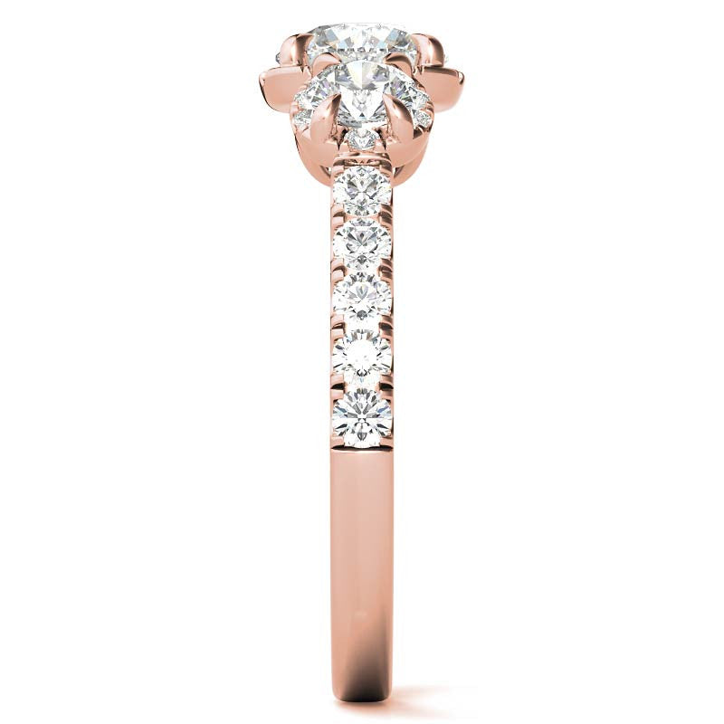 Round 3-Stone Halo Moissanite Engagement Ring with Milgrain