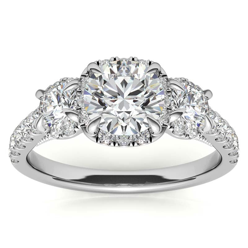Round 3-Stone Halo Moissanite Engagement Ring with Milgrain