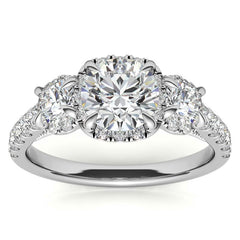 Round 3-Stone Halo Moissanite Engagement Ring with Milgrain
