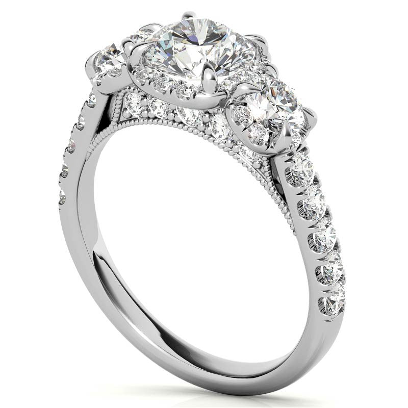 Round 3-Stone Halo Moissanite Engagement Ring with Milgrain