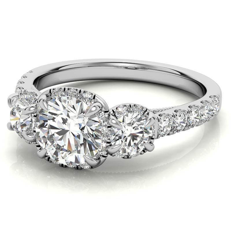 Round 3-Stone Halo Moissanite Engagement Ring with Milgrain