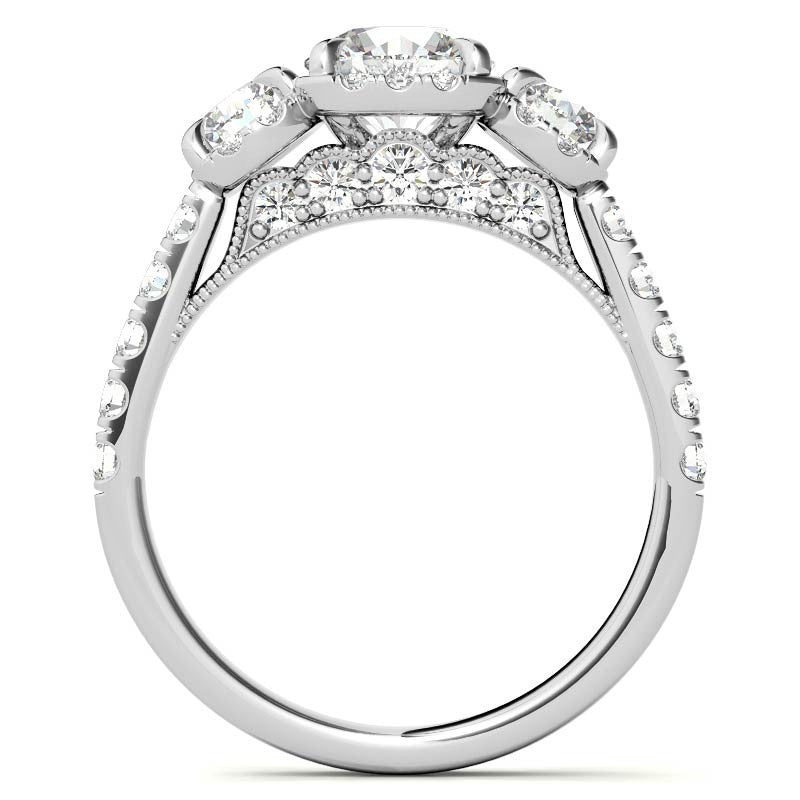 Round 3-Stone Halo Moissanite Engagement Ring with Milgrain