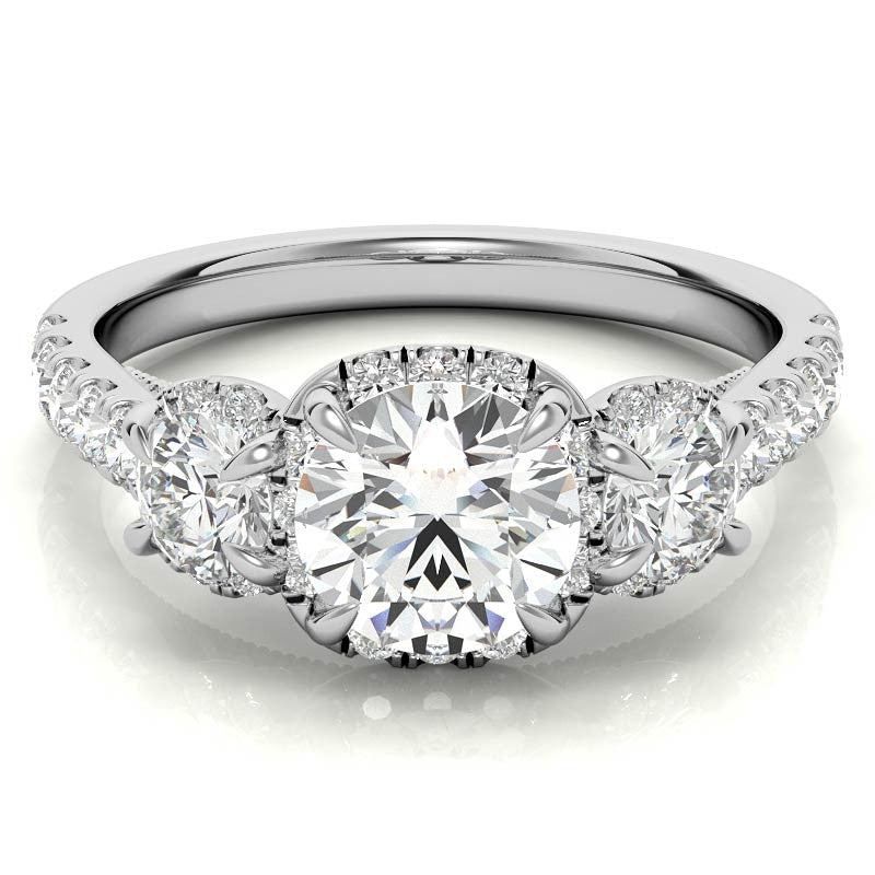 Round 3-Stone Halo Moissanite Engagement Ring with Milgrain
