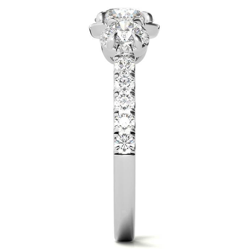 Round 3-Stone Halo Moissanite Engagement Ring with Milgrain