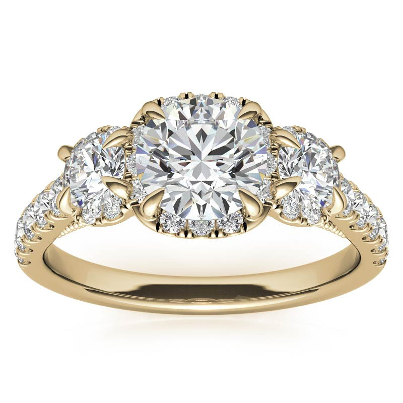 Round 3-Stone Halo Moissanite Engagement Ring with Milgrain