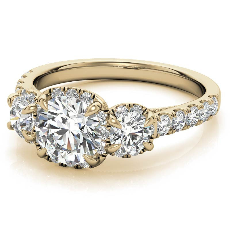 Round 3-Stone Halo Moissanite Engagement Ring with Milgrain