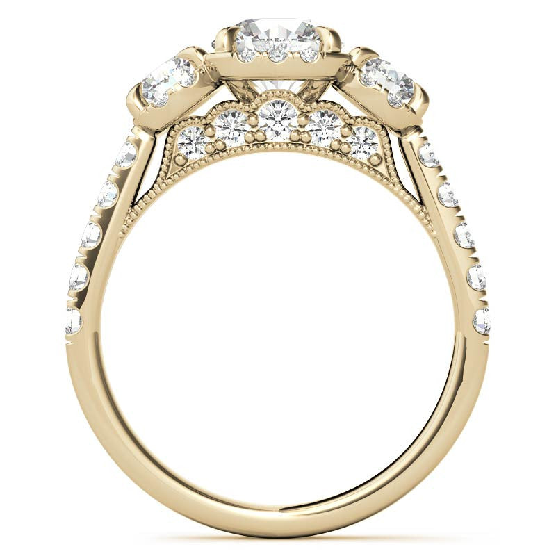 Round 3-Stone Halo Moissanite Engagement Ring with Milgrain