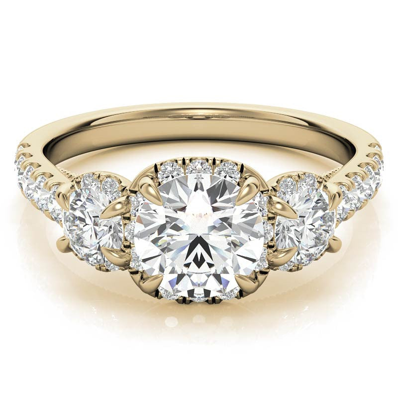 Round 3-Stone Halo Moissanite Engagement Ring with Milgrain