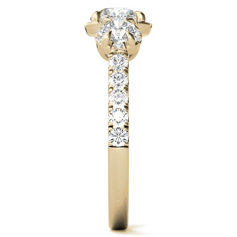 Round 3-Stone Halo Moissanite Engagement Ring with Milgrain