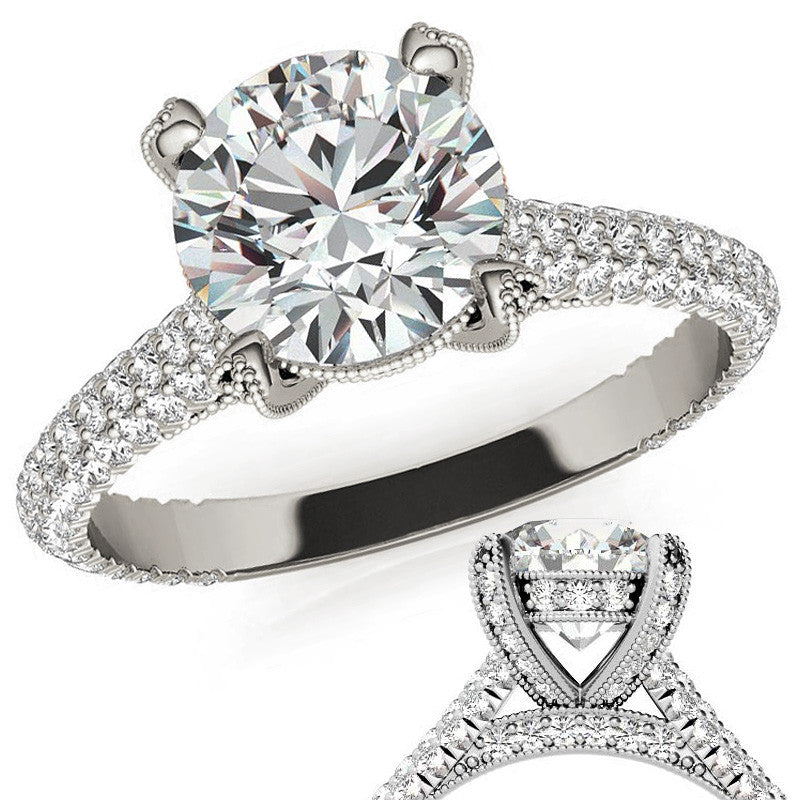 Round Pave Moissanite Engagement Ring with Milgrain Accents