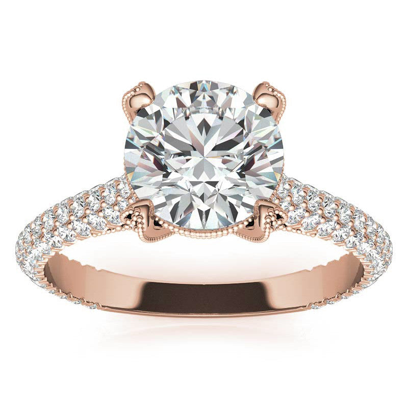 Round Pave Moissanite Engagement Ring with Milgrain Accents