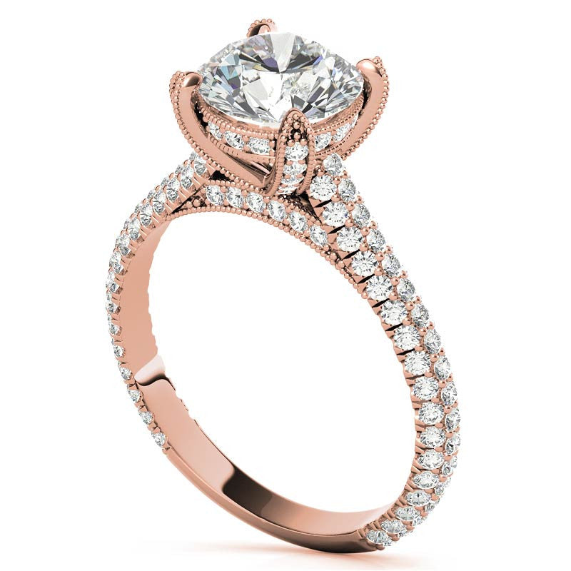 Round Pave Moissanite Engagement Ring with Milgrain Accents