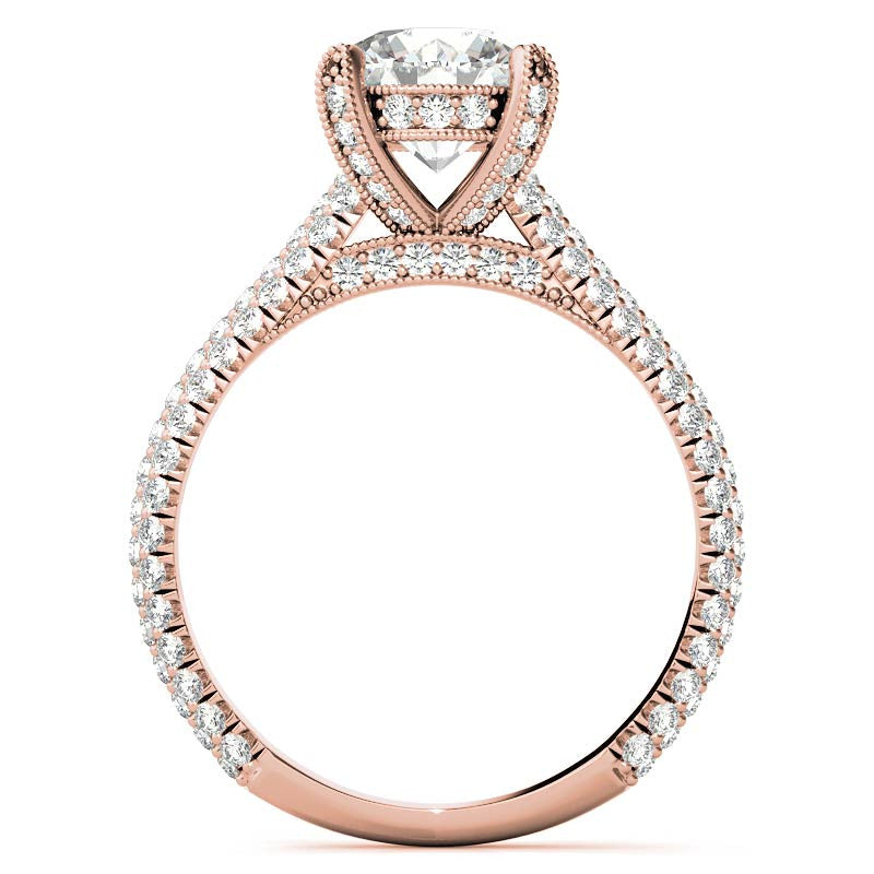Round Pave Moissanite Engagement Ring with Milgrain Accents