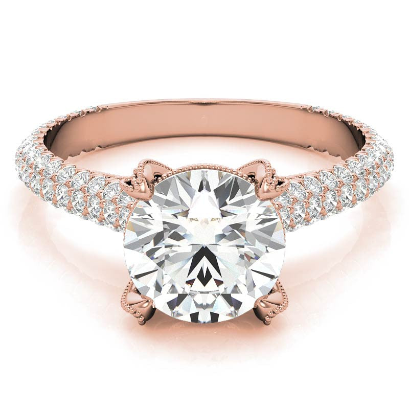 Round Pave Moissanite Engagement Ring with Milgrain Accents