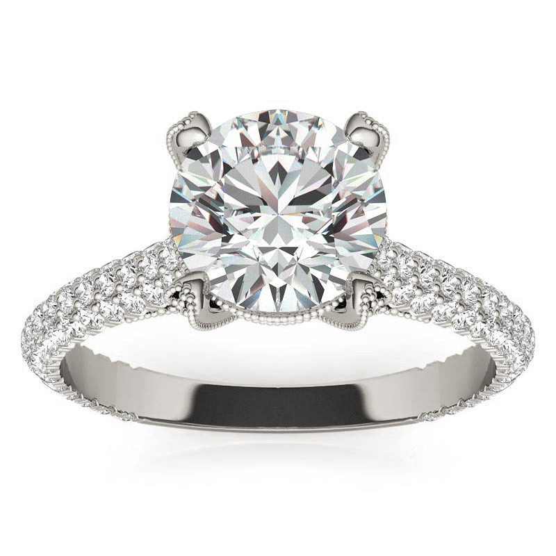 Round Pave Moissanite Engagement Ring with Milgrain Accents