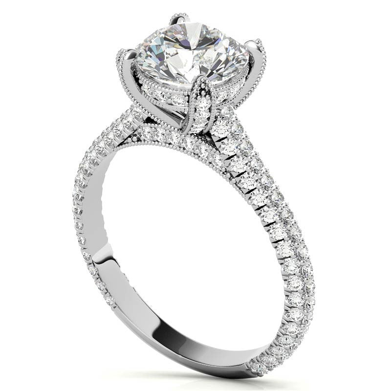 Round Pave Moissanite Engagement Ring with Milgrain Accents