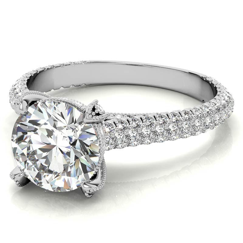 Round Pave Moissanite Engagement Ring with Milgrain Accents