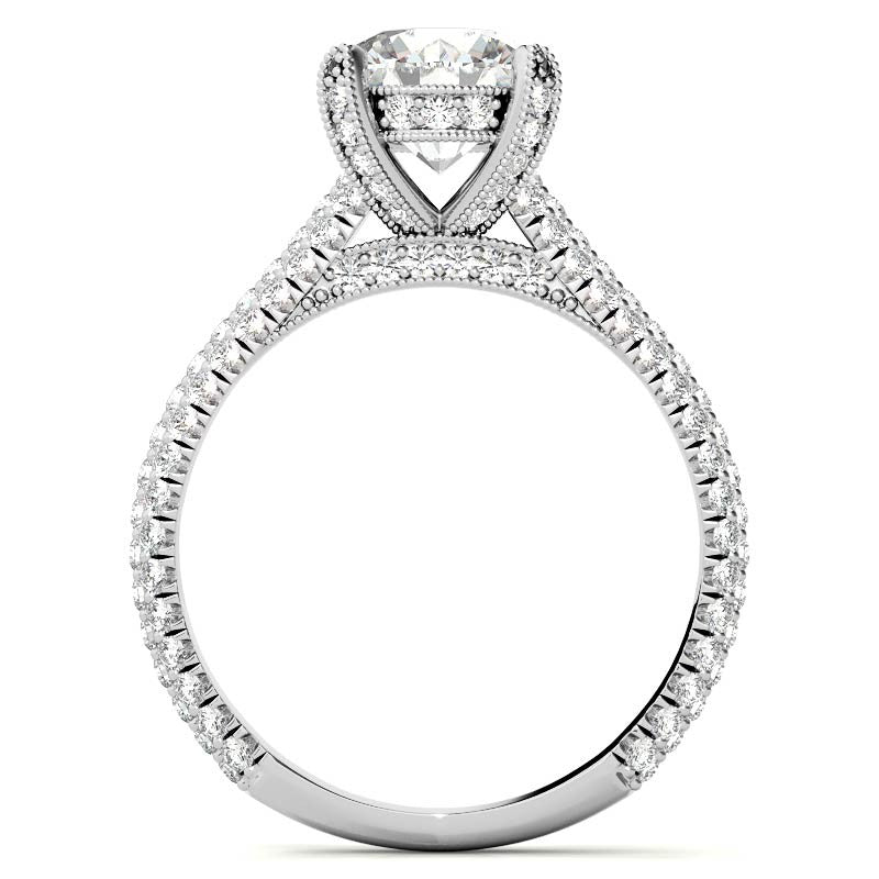 Round Pave Moissanite Engagement Ring with Milgrain Accents