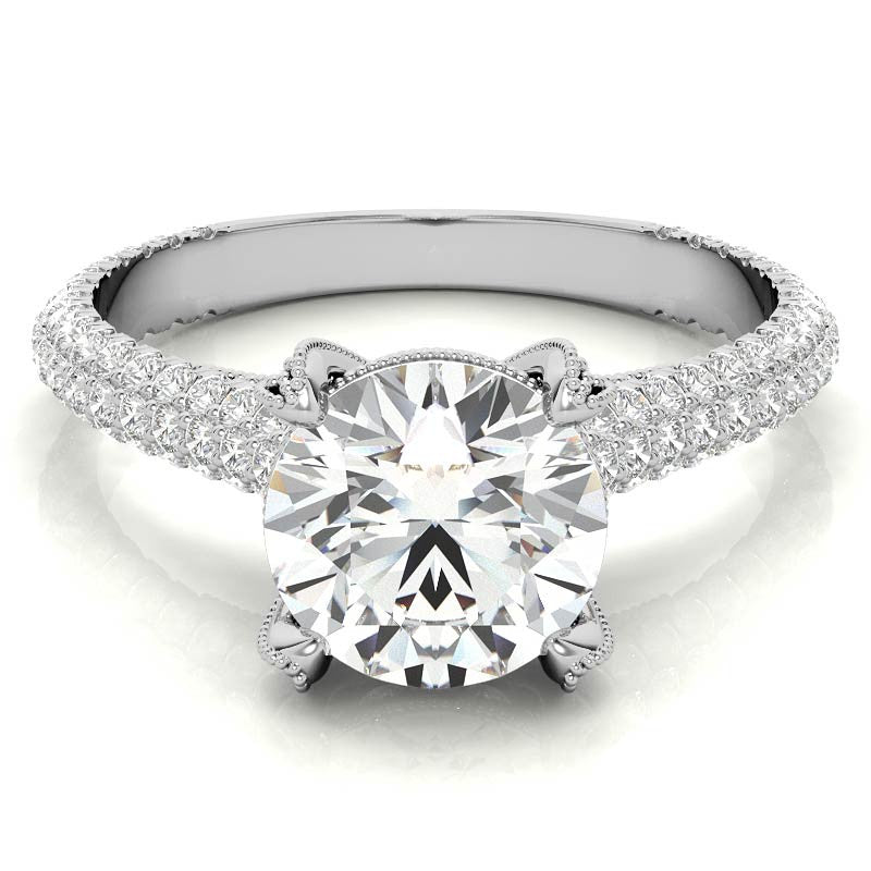 Round Pave Moissanite Engagement Ring with Milgrain Accents