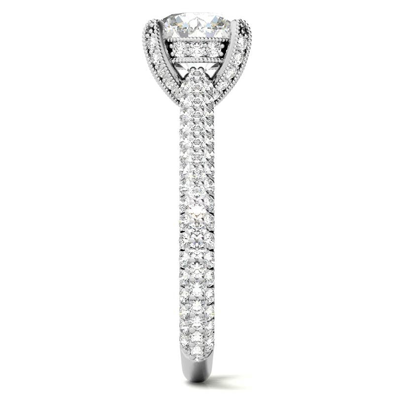 Round Pave Moissanite Engagement Ring with Milgrain Accents
